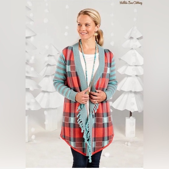 Matilda Jane Steadfast Sweater Plaid Open cardigan Fringe Trim  Size Medium - Picture 2 of 6